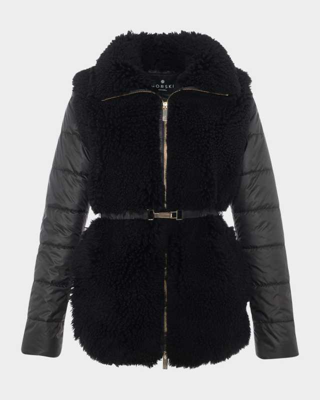 Belted Curly Lamb Shearling Jacket with Quilted Sleeves & Back